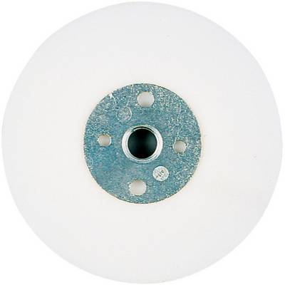 Biely kruhový disk s modrou kovovnou stredovou doskou s čiernym centrálnym otvorom a štyrmi menšími otvormi.