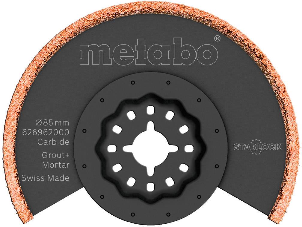 Čierna rezná kotúč s oranžovými okrajmi, viditeľný značkový názov 'metabo'. Popis: 'Ø85mm 626962000 Carbide Grout+ Mortar Swiss Made'.