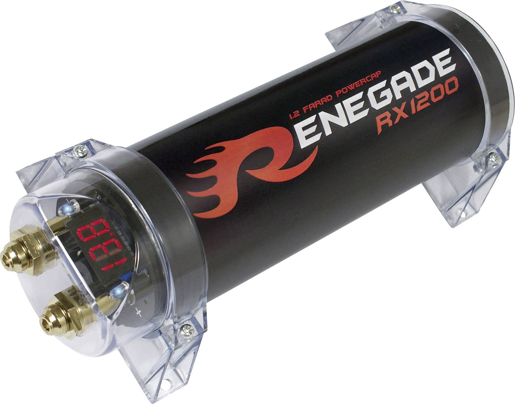 Čierny energetický úložný valec s nápisom 'Renegade RX1200', červeným logom a digitálnym displejom na ľavej strane.