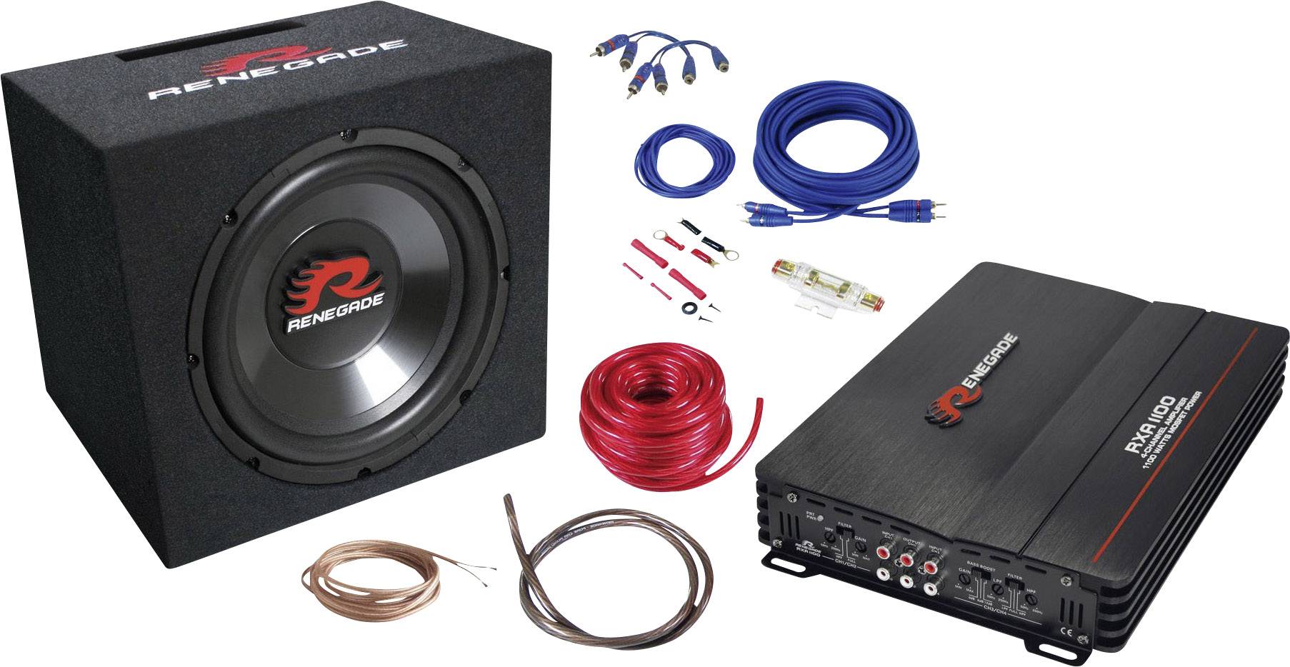 Reproduktorová a zosilňovacia súprava s káblami a príslušenstvom. Súprava obsahuje subwoofer, zosilňovač a káble rôznych farieb.
