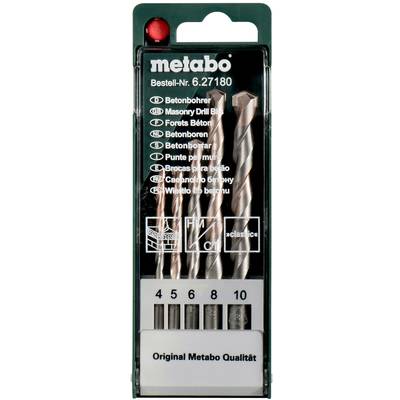 'Metabo' náhradné vrtáky do betónu, veľkosti 4 až 10, s objednávacím číslom 6.27180. Obsahuje obrázky a texty vo viacerých jazykoch.