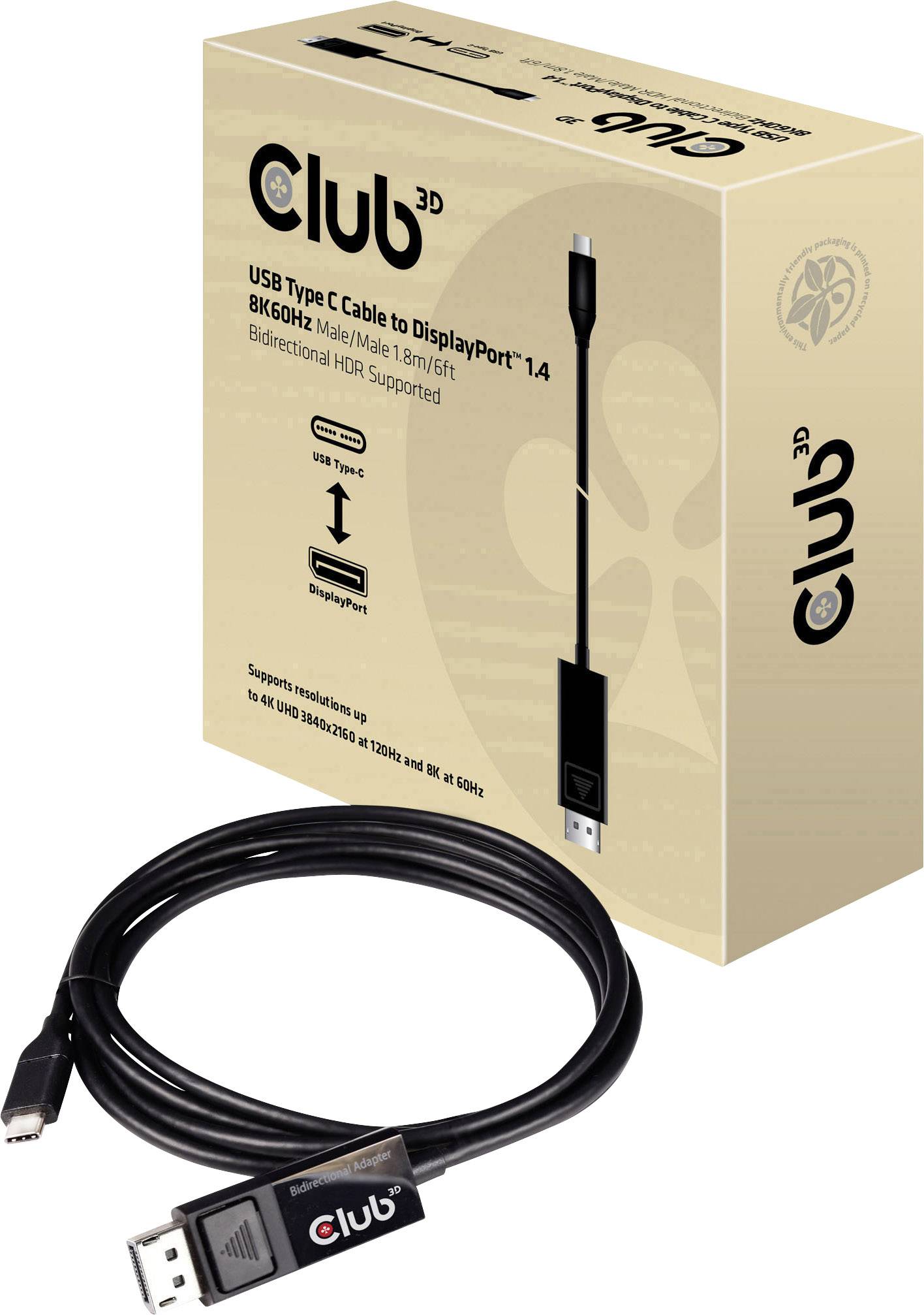 USB-C kábel 'Club 3D', typ C na DisplayPort, 1,8 m, 8K 60Hz, obojsmerná podpora HDR. Balenie v pozadí.
