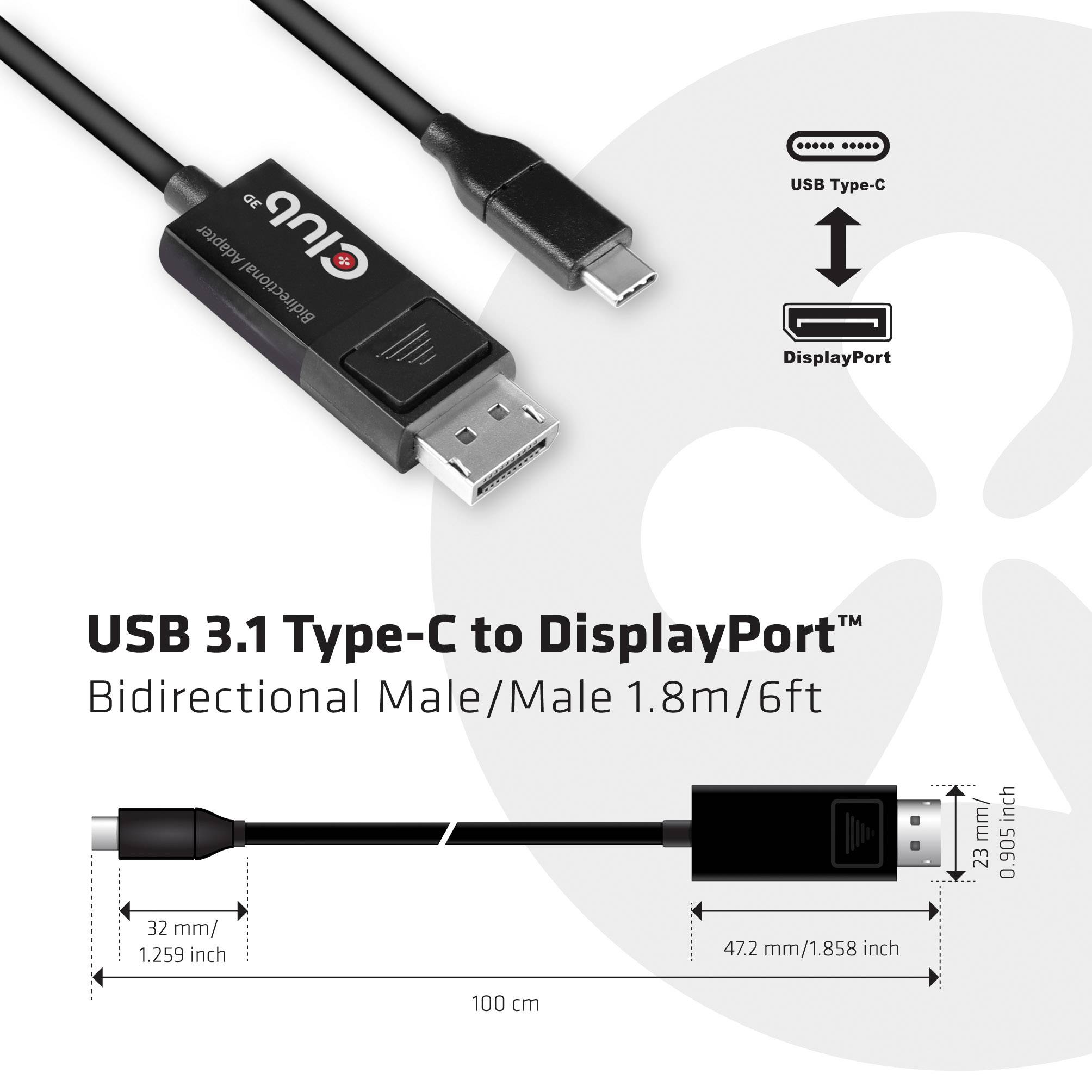 USB 3.1 Typ-C na DisplayPort kábel, obojsmerný, konektor/konektor, 1,8 m. Zobrazuje konektory, dĺžku kábla a hrúbku kábla.