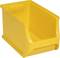 Žltý plastový kontajner s otvorenou prednou stranou, vhodný na uskladnenie alebo triedenie predmetov na polici.