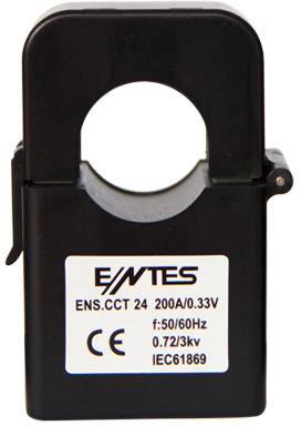 Čierny prúdový transformátor s kruhovým otvorom a štítkom: 'EIMTES ENS.CCT 24 200A/0.33V, f:50/60Hz, 0.72/3kV, IEC61869, CE'.