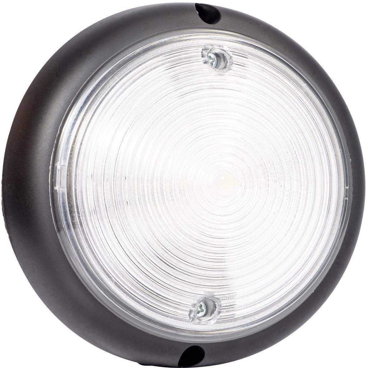 Okrúhle LED svetlo, priehľadný kryt, čierne lemovanie, vhodné na montáž na strop alebo stenu v interiéri.