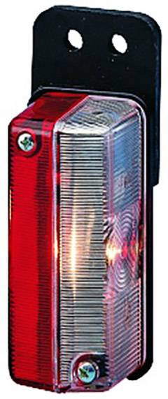 Obdĺžnikové zadné svetlo s červeným a priehľadným sklom, namontované na čiernom kovovom držiaku, vhodné pre vozidlá.