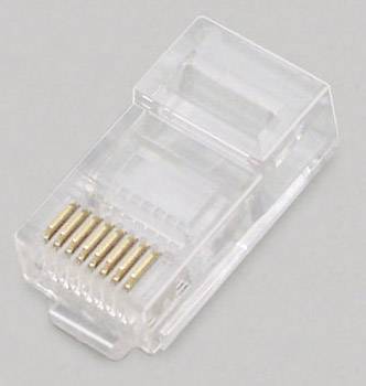 Priehľadný RJ45 konektor so zlatými kontaktmi, ktorý sa bežne používa pre sieťové pripojenia.