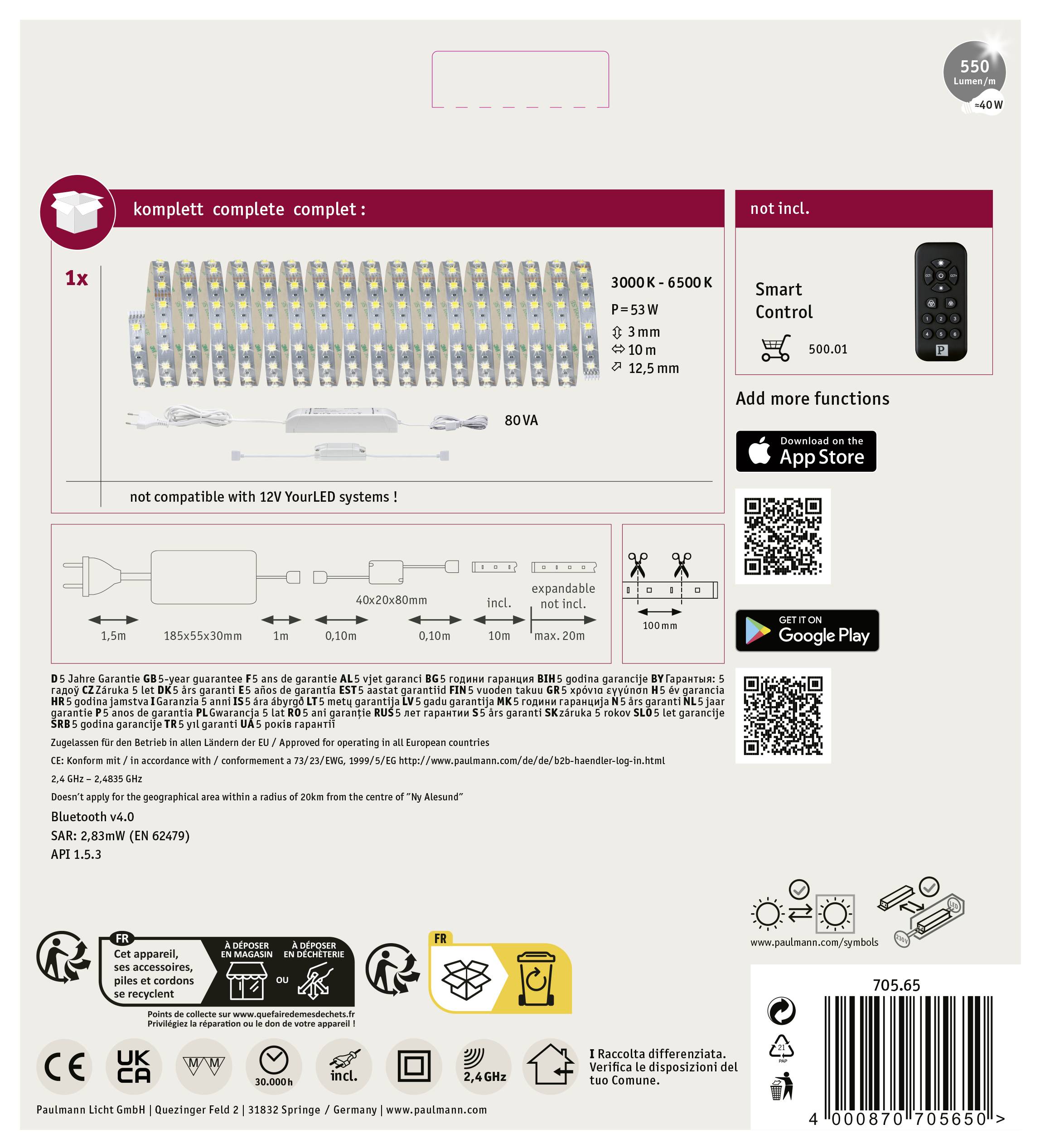 Sada lámp s 10 LED pásikmi, 3.000-6.500K, 3W. Kompatibilné so Smart Control, nie s 12V systémami. Funkcie ovládateľné cez aplikáciu.