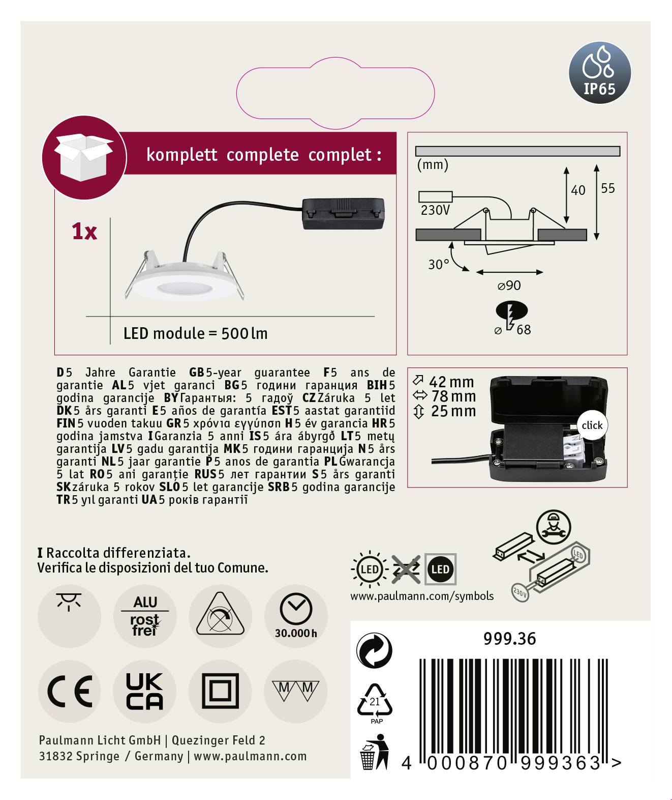 'Zadná strana obalu LED modulu s technickými špecifikáciami: 5 rokov záruka, 500 lm, IP65, rozmery: Ø42 mm, hĺbka 25 mm.'