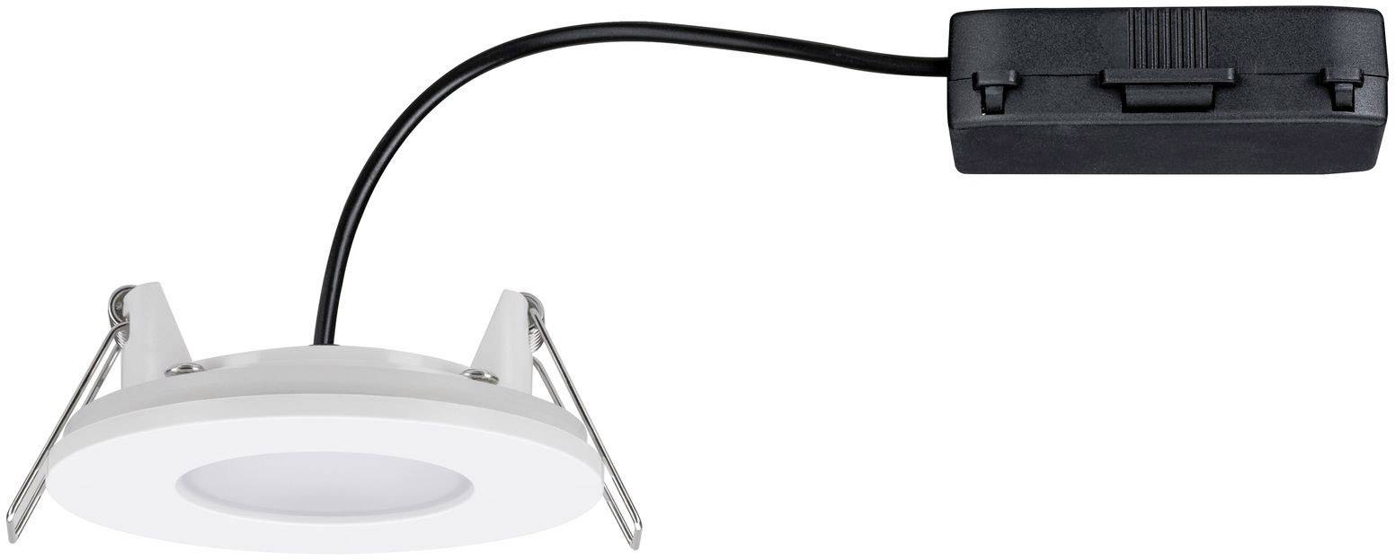 Okrúhle biele zapustené svietidlo s čiernym napájacím káblom, prepojené s obdĺžnikovým spojovacím prvkom.
