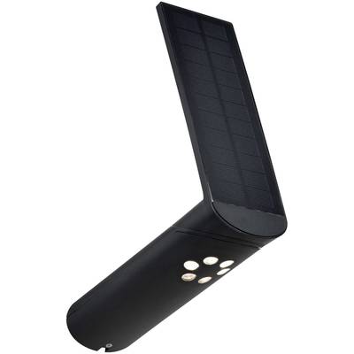Čierna solárna lampa s veľkým solárnym panelom na hornej strane a niekoľkými LED diódami na spodnej strane sa nachádza v naklonenej polohe.