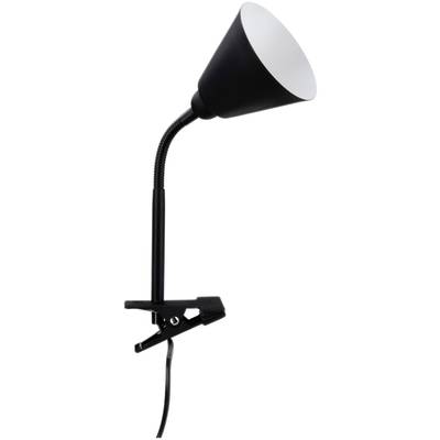 Čierna svorková lampa s flexibilným krkom a kónickým tienidlom, vhodná na upevnenie na hranu stola.