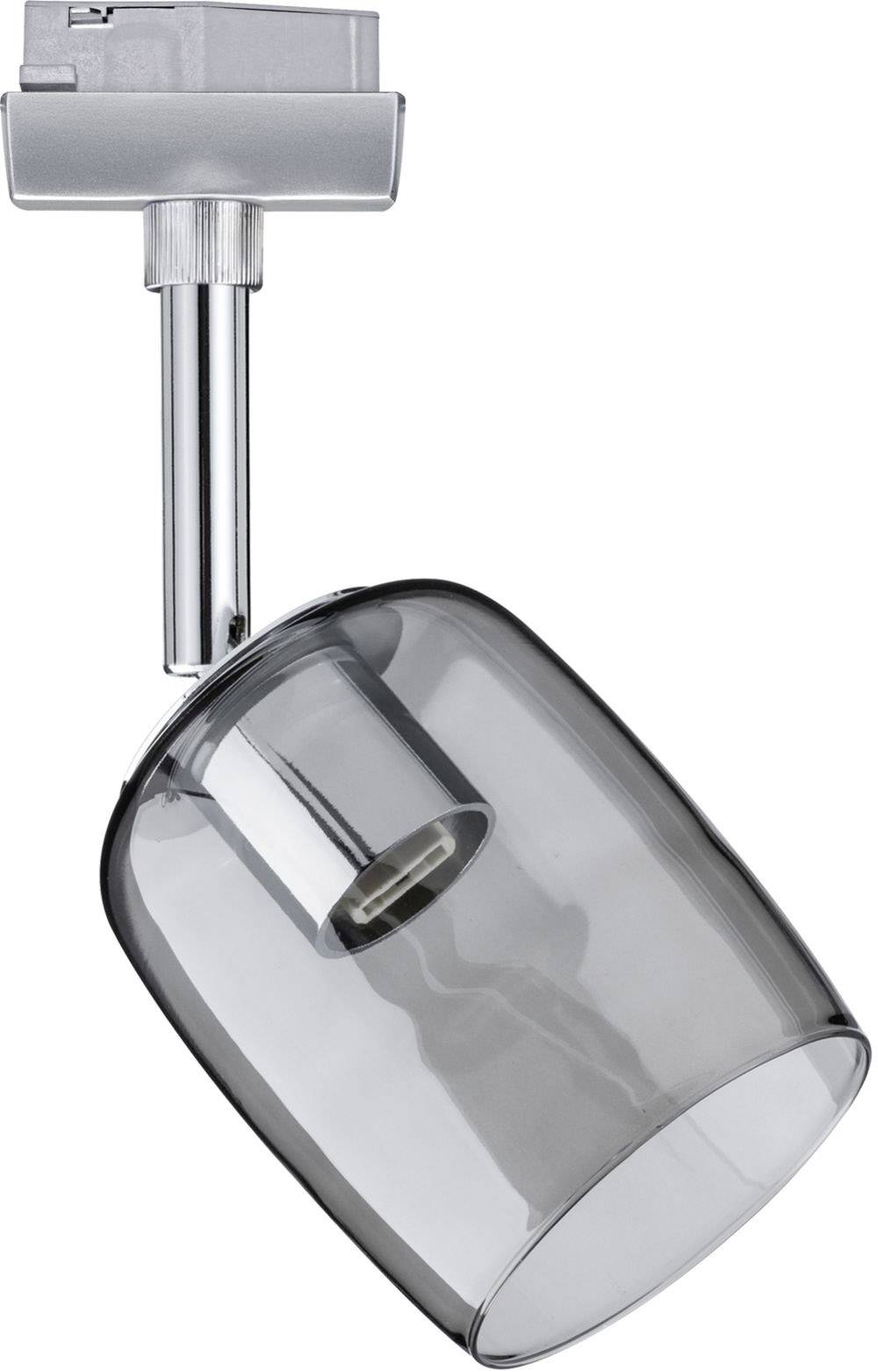 Strieborný LED bodový reflektor s priehľadným valcovitým skleneným tienidlom, vhodný pre koľajnicové osvetlenie.