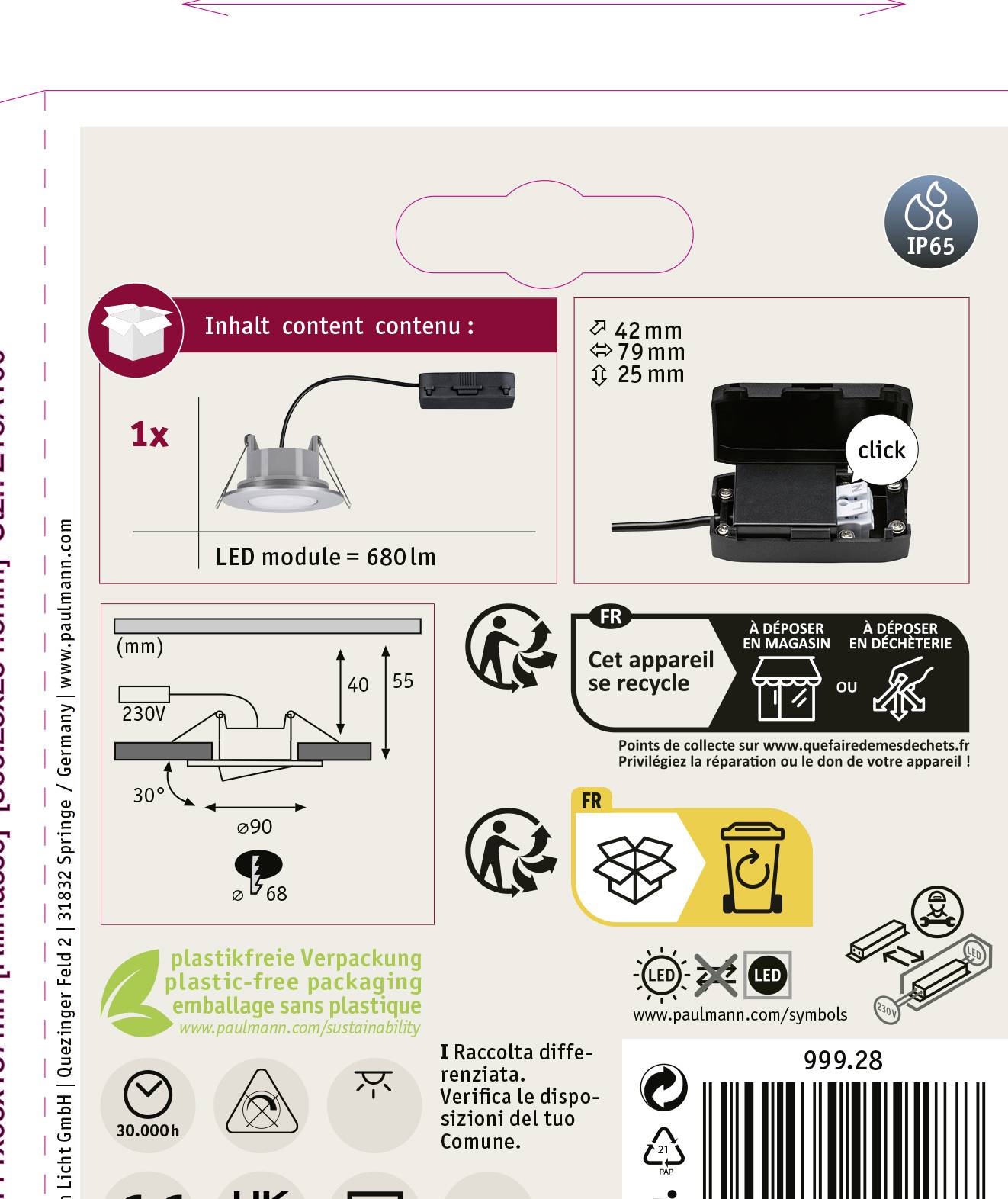 LED modul a komponenty pre vonkajšie osvetlenie, montážny návod v nemčine a francúzštine, vrátane potrebných nástrojov a rozmerov.