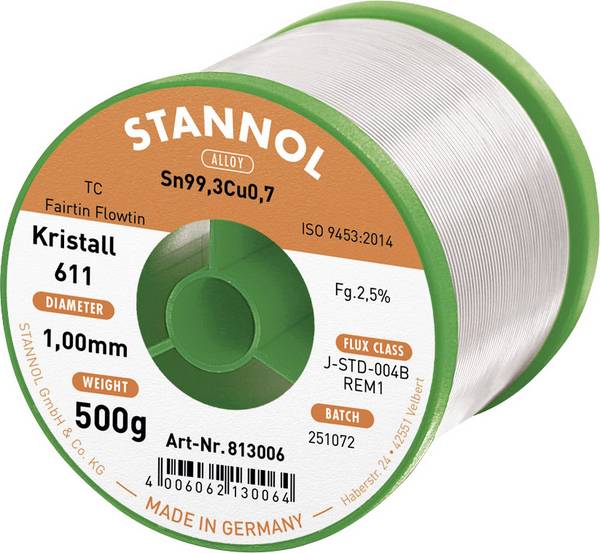 Stannol Kristall 611 Fairtin spájkovací cín bez olova bez olova Sn99,3Cu0,7 REM1