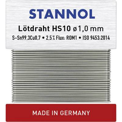 Obrázok zobrazuje balenie spájky s nápisom 'STANNOL Spájkovacia cína HS10 Ø 1,0 mm'. Dole je napísané 'MADE IN GERMANY'.