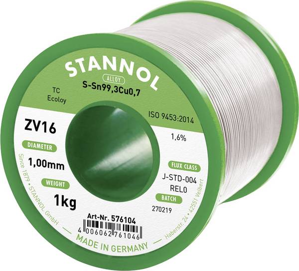 Stannol ZV16 spájkovací cín bez olova bez olova Sn99,3Cu0,7 REL0 1000 g 1 mm