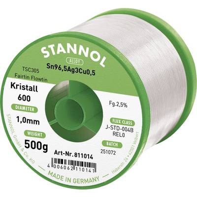 Spájkovacia cínová špirála, značka Stannol. Priemer 1,0 mm, hmotnosť 500 g, zliatina Sn96,5Ag3Cu0,5, tavivo 2,5%. Vyrobené v Nemecku.
