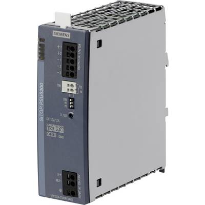 Priemyselný napájací zdroj 'Siemens SITOP PSU6200' v sivom kryte s výstupným napätím 12V/12A. Zariadenie zobrazuje pripojovacie svorky a LED indikátory.