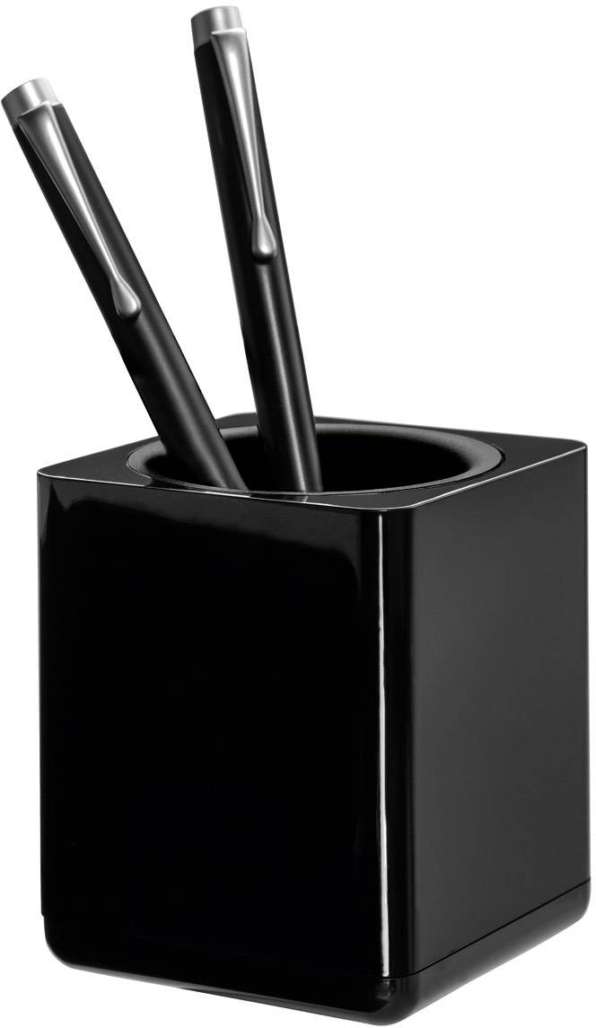 Dva čierne perá v čiernom, štvorcovom stojane na perá.