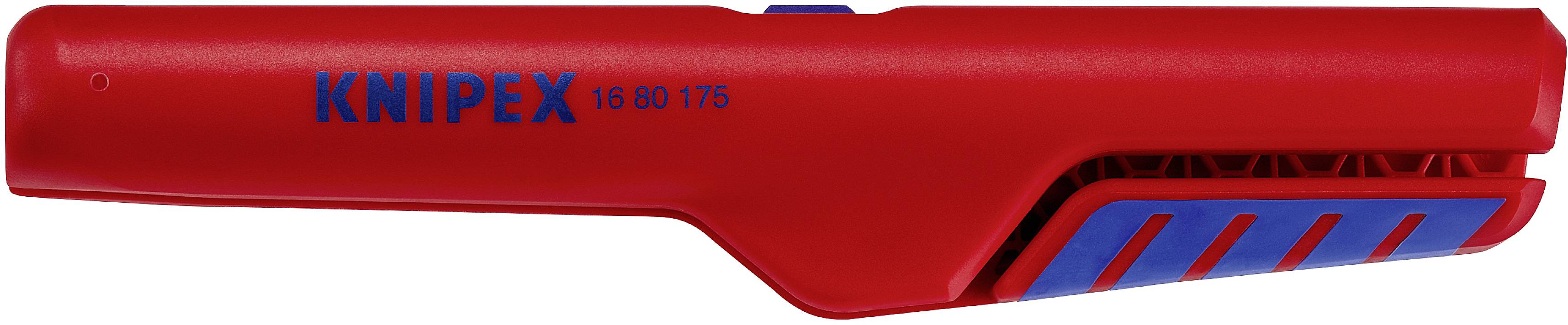 Červené inštrumentálne kliešte 'Knipex 16 64 125', vhodné na odstraňovanie izolácie z káblov; ergonomický dizajn s modrou vrstvou na rukoväti.
