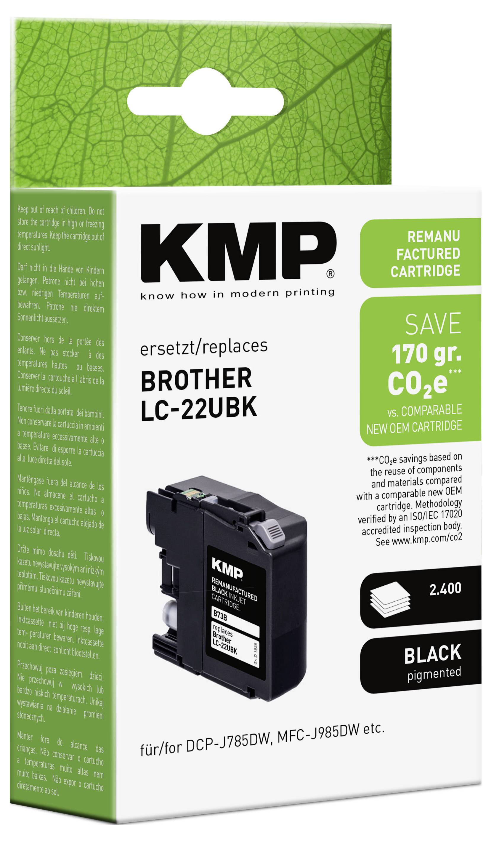 Náhradná čierna tlačiarenská kazeta KMP pre Brother LC-22UBK s deklarovanou úsporou 170 g CO2e a výťažnosťou 2 400 strán uvedenou na balení.