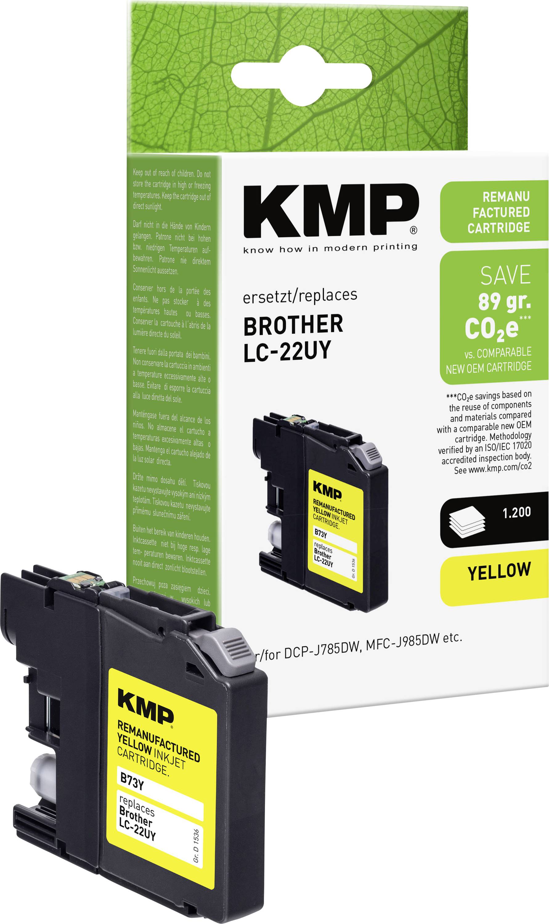 Náhradná cartridge s žltým atramentom KMP pre Brother LC-220Y, zobrazená v balení a ako samotná cartridge.