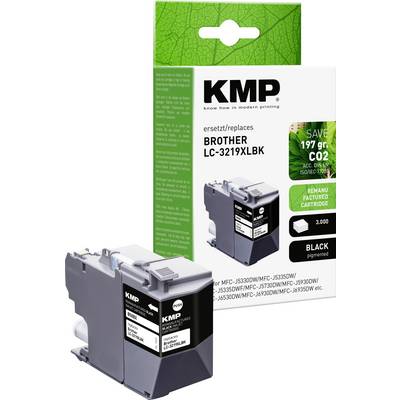 Atramentová kazeta značky KMP, kompatibilná s Brother LC-3219XLBK, čierna, s informáciami o udržateľnosti a kompatibilite s konkrétnymi modelmi tlačiarní.