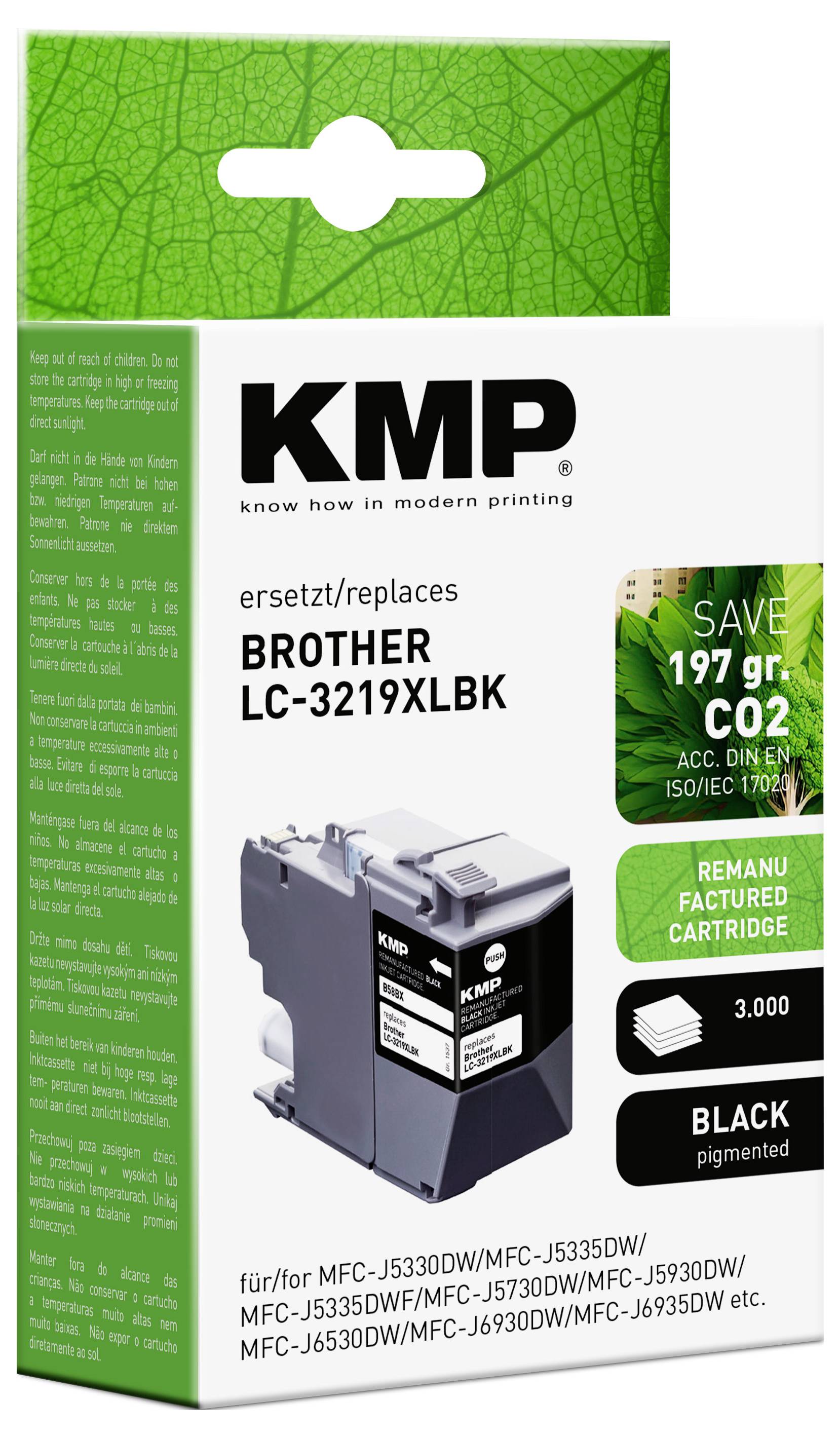 'KMP atramentová náplň Brother LC-3219XLBK, náhrada pre modely Brother. Čierny atrament pre 3 000 strán. Šetrný k životnému prostrediu, ušetrí 197g CO2.'