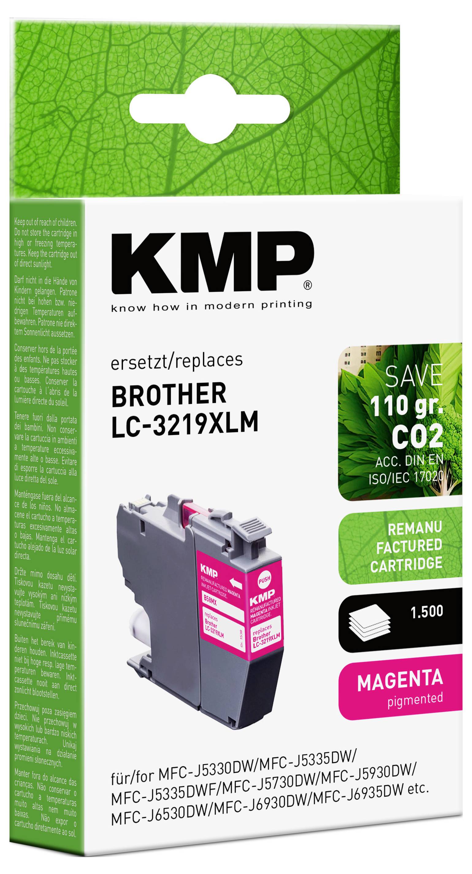 Atramentová náplň označená 'KMP nahrádza Brother LC-3219XLM'. Uvádza 'Úspora 110 gr CO2' a '1 500 strán'. Vhodná pre viaceré modely tlačiarní Brother.