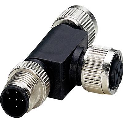 T-kový konektor s tromi kovovými vývodmi a čiernym plastovým telesom, používaný pre elektrické prepojenia.