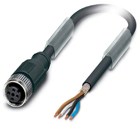 Na obrázku je štvorvodičový kábel so stiahnutou izoláciou na koncoch a guľatou zástrčkou, ktorý sa používa na elektronické prepojenia.
