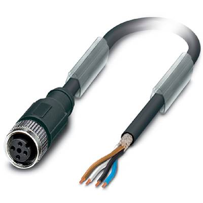 Na obrázku je štvorvodičový kábel so stiahnutou izoláciou na koncoch a guľatou zástrčkou, ktorý sa používa na elektronické prepojenia.