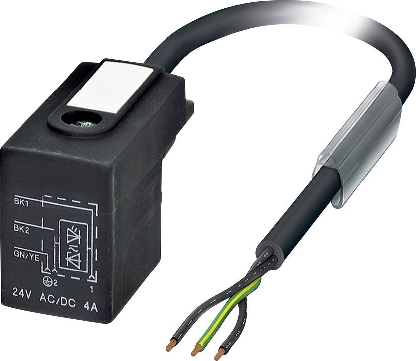 'Elektromagnetický ventil so zástrčkou a voľnými vodičmi, vhodný pre prevádzku 24V AC/DC, záťaž 4A.'