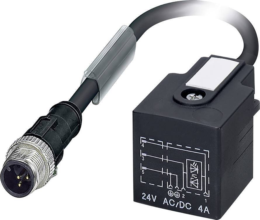 Čierne elektrické relé so zobrazenou schémou, štvorcového tvaru, 24V AC/DC, 4A. Pripojené čiernym káblom.
