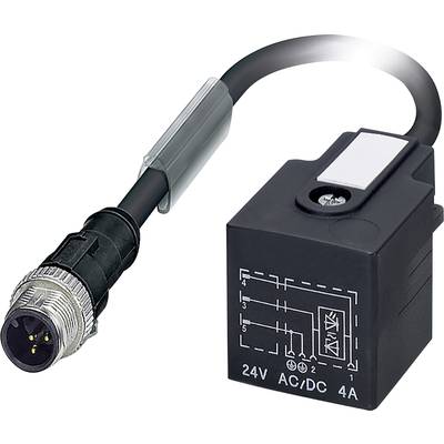 Čierne elektrické relé so zobrazenou schémou, štvorcového tvaru, 24V AC/DC, 4A. Pripojené čiernym káblom.