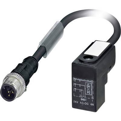 Čierny elektrický kábový konektor s kovovým závitom a čiernym, obdĺžnikovým krytom, ktorý zobrazuje technické elektrické schémy.