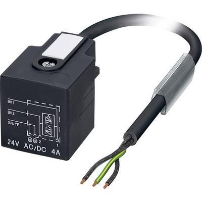 Čierno-biela elektrická prípojka s káblom. Tri vystavené farebné vodiče: zeleno/žltý, modrý a hnedý. Napätie: 24V AC/DC, 4A.