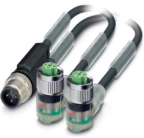 Dva káble so zelenými a čiernymi konektormi, vhodné na prepojenie elektronických zariadení alebo priemyselných senzorov.