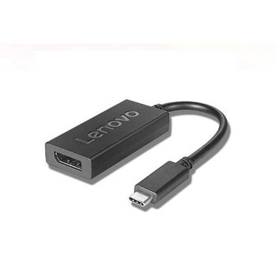 USB-C na HDMI adaptér od Lenova, čierne telo, prepojené koncovky kábla, umožňuje pripojenie zariadení s USB-C portom k displejom podporujúcim HDMI.