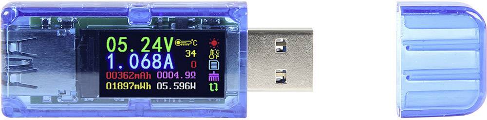 Modrý USB merač napätia a prúdu zobrazuje '05.24V' a '1.068A' na digitálnom displeji s ďalšími technickými detailmi.