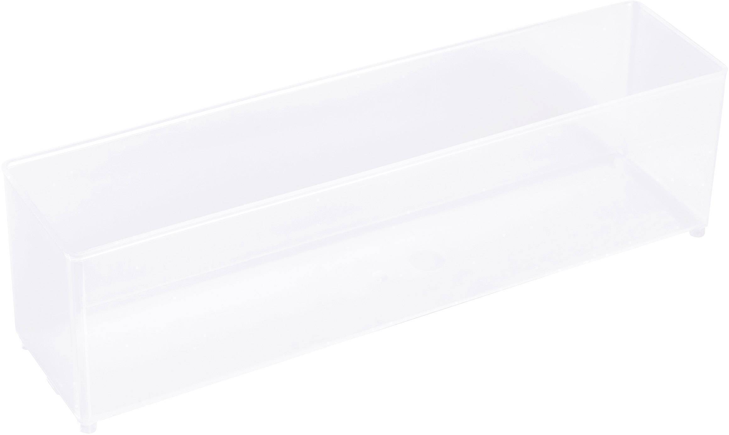 Priehľadná sklenená nádoba v tvare obdĺžnika, prázdna a bez zakrytia.
