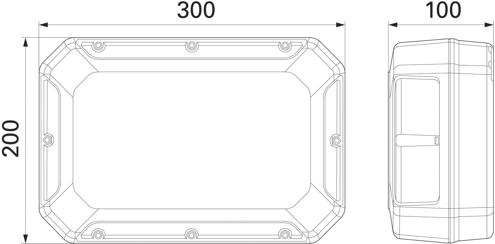 Technický výkres obdĺžnikového komponentu s rozmermi 300 mm x 200 mm x 100 mm, vrátane pohľadu zhora a bočného pohľadu.