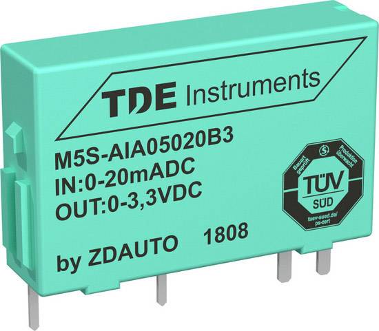 Zelený TDE Instruments komponent s definovanými vstupnými a výstupnými hodnotami (0-20 mA DC, 0-3,3 V DC) a certifikátom TÜV Süd.
