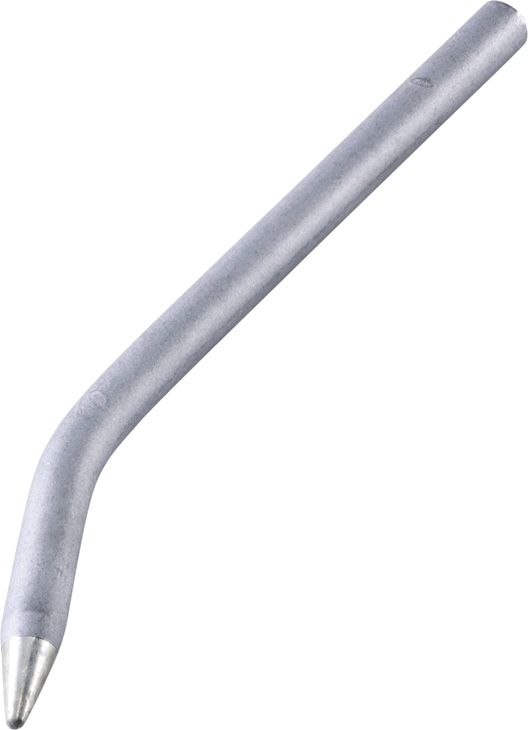 Zakrivený kovový driek so špicatým hrotom, pravdepodobne časť nástroja alebo spájkovacia špička, izolovaná na bielom pozadí.