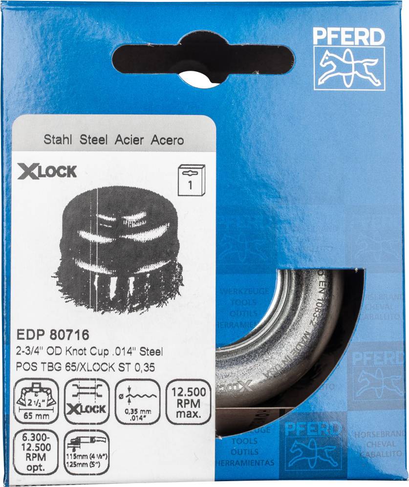 Obal nástavca oceľovej kefy pre systém XLOCK od značky PFERD zobrazuje technické detaily vrátane veľkosti, materiálov a otáčok.