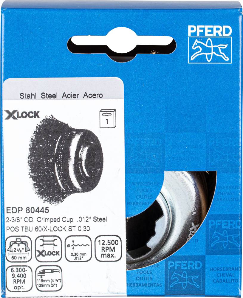 Oceľová kefa 'PFERD X-Lock', zakrivený tanierový tvar, priemer 2-3/8", vhodná pre uhlové brúsky do 12 500 ot./min, v modrom balení.