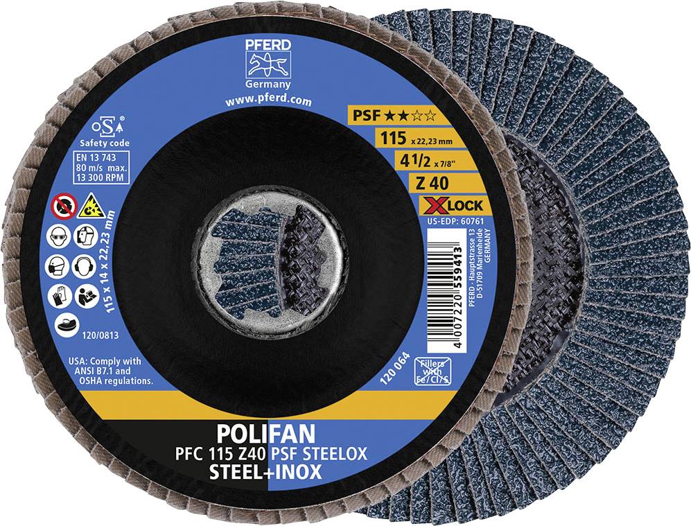 Názov: Polifan PFC 115 Z40 PSF Steelex Inox. Typ: Brúsny kotúč. Priemer: 115 mm. Upevnenie X-LOCK. Vhodný pre oceľ a nehrdzavejúcu oceľ.