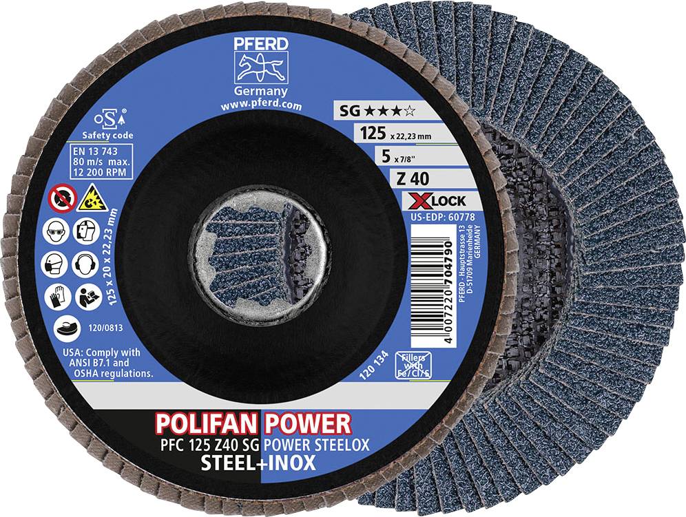 'Brúsny kotúč POLIFAN Power PFC 125 Z40 na oceľ a nehrdzavejúcu oceľ, priemer 125 mm, suchým upínaním X-Lock, Spĺňa normy ANSI B7.1 a OSHA.'